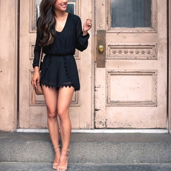 Astr Pants - ASTR the Label Black Lace Trim Romper size xs